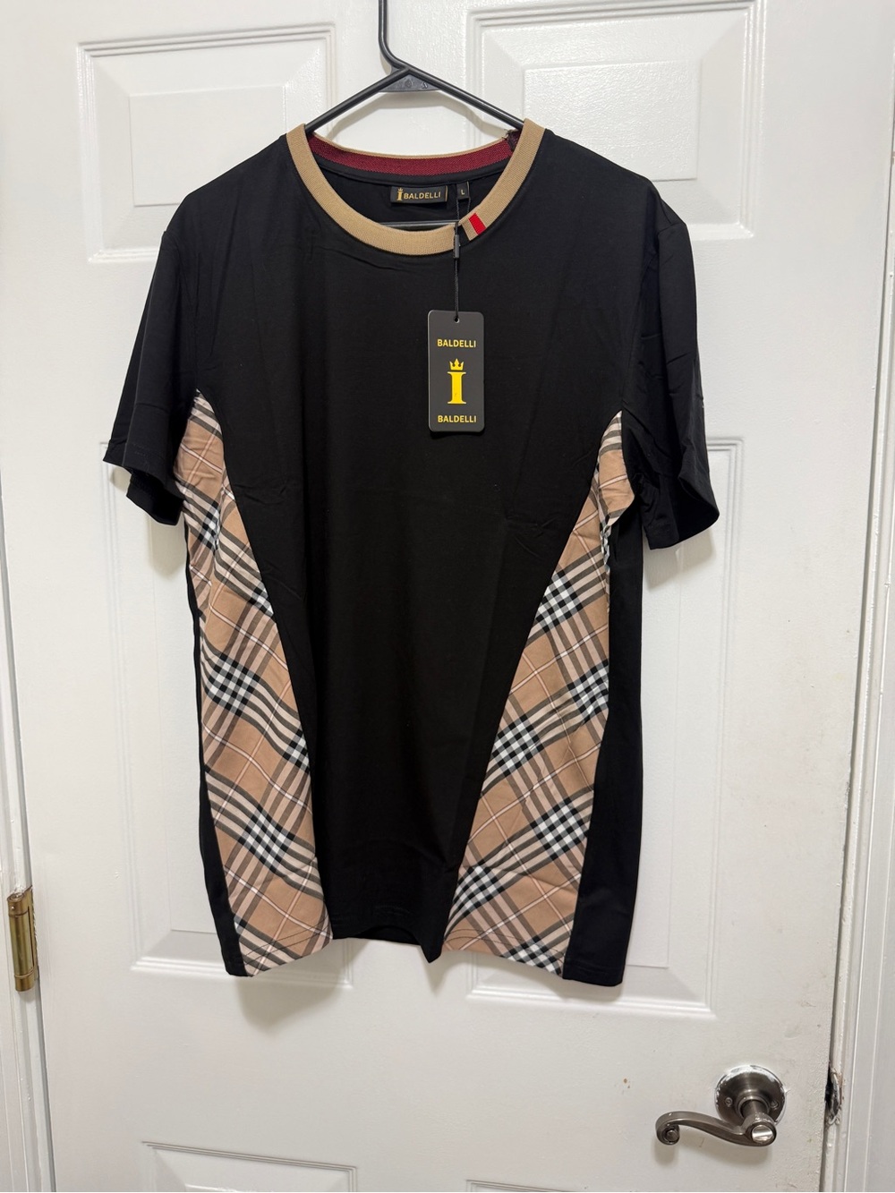 BALDELLI Men's Black Short-Sleeve Shirt with Tan Plaid Panels